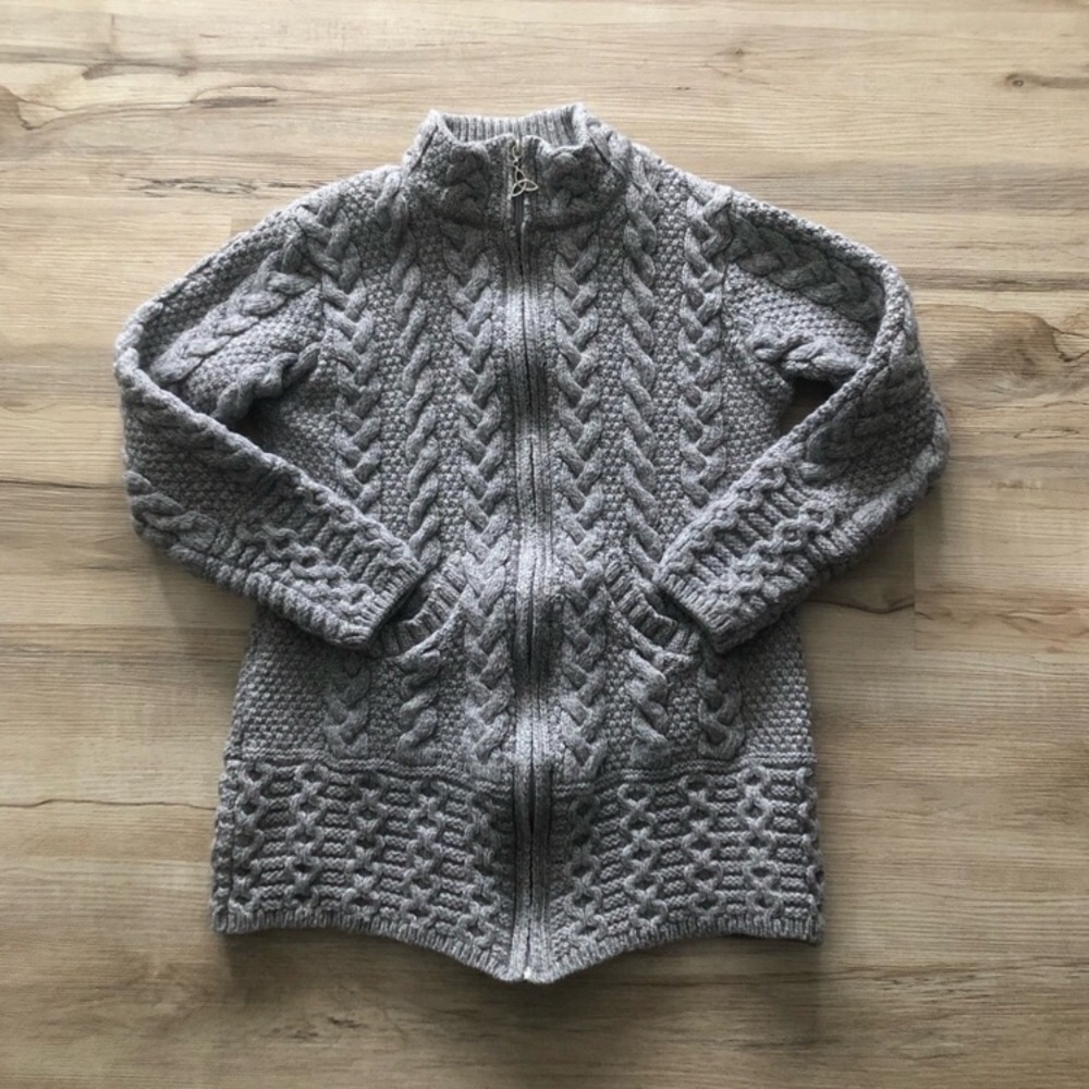 Aran Mor 100% Merino Wool Women's Gray Cable Knit Full Zip Cardigan